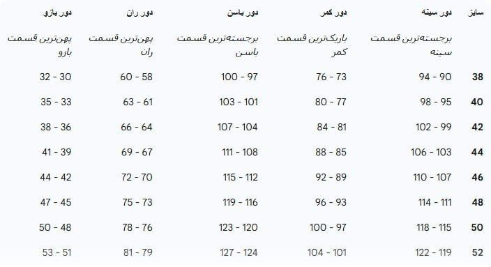جدول سایز بندی