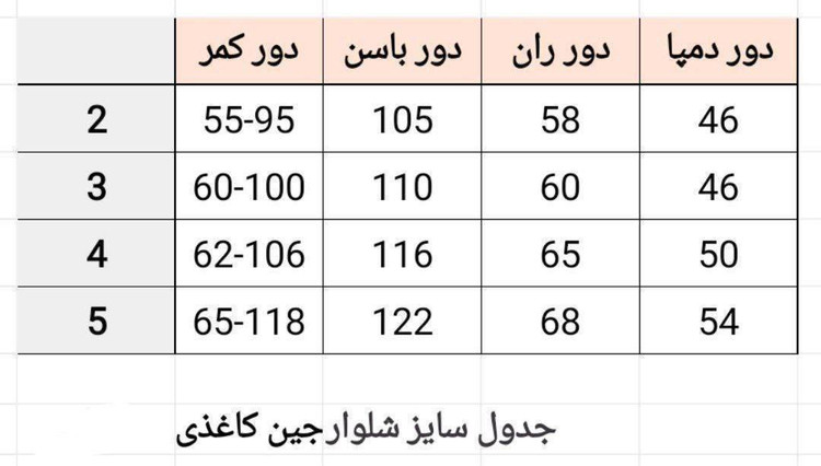 جدول سایز بندی