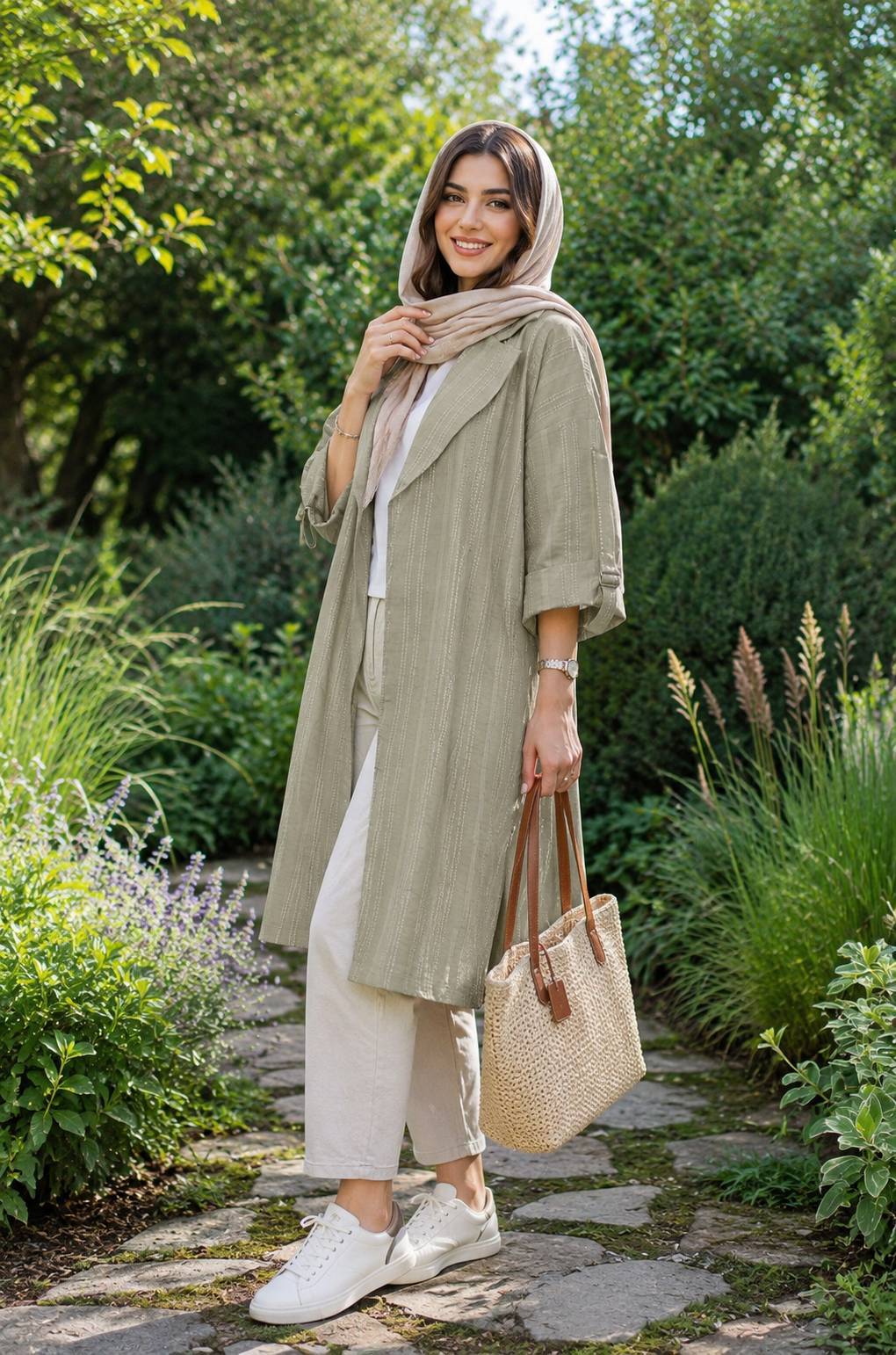 مانتو زنانه بلند قواره دار شانتون بیسکوییتی
